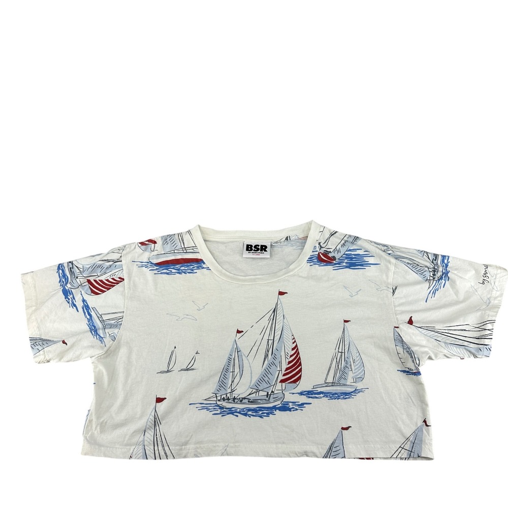 By Samii Ryan BSR Sailboat Print Crop‎ Top Nautical Tee XL Seaside Beachy
